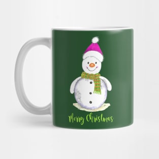 Merry christmas snowman with green scarf and pink hat Mug